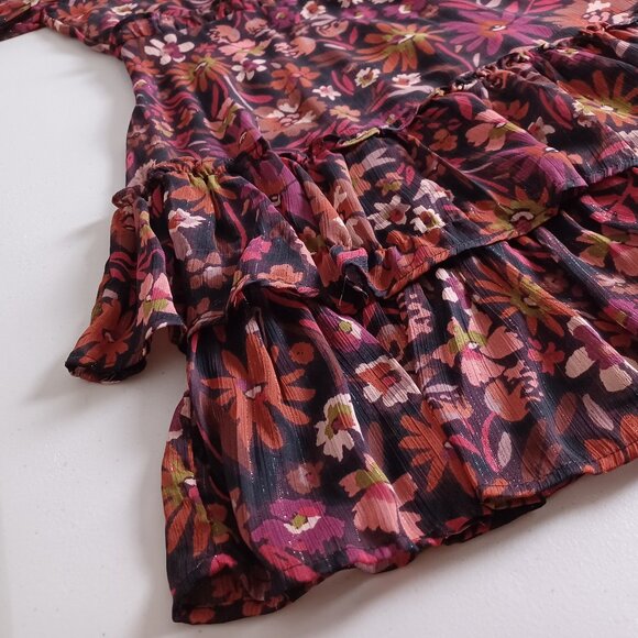 Aqua Metallic Floral Print Tiered Mini Dress - Picture 6 of 16